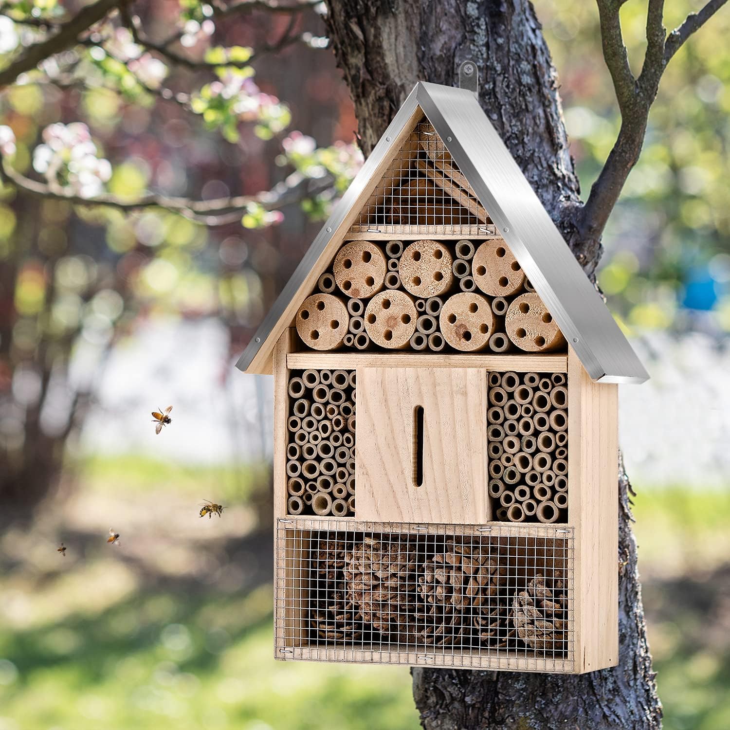 Wooden Mason Insect Bee Butterfly House,Insect Hotel,an Outdoor Hanging Bamboo Habitat for Bee Butterfly Ladybugs Live,Bee Box,Butterfly Habitat for Garden,9 x 15.7 x 2.5 Inch