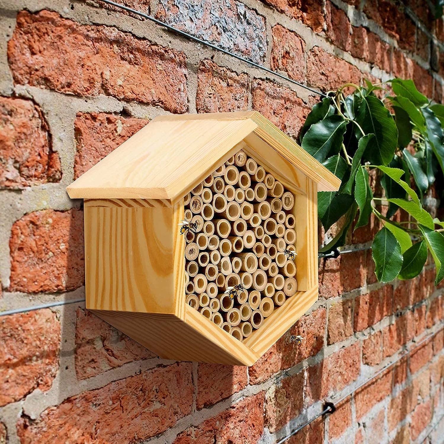 Mason Bee House Native Bee Hive Hexagon Bee House Natural Handmade Wooden Mason Bee Box Habitat Home Hotel with Bamboo Tubes -Attracts Peaceful Bee Pollinators to Enhance Your Garden's Productivity