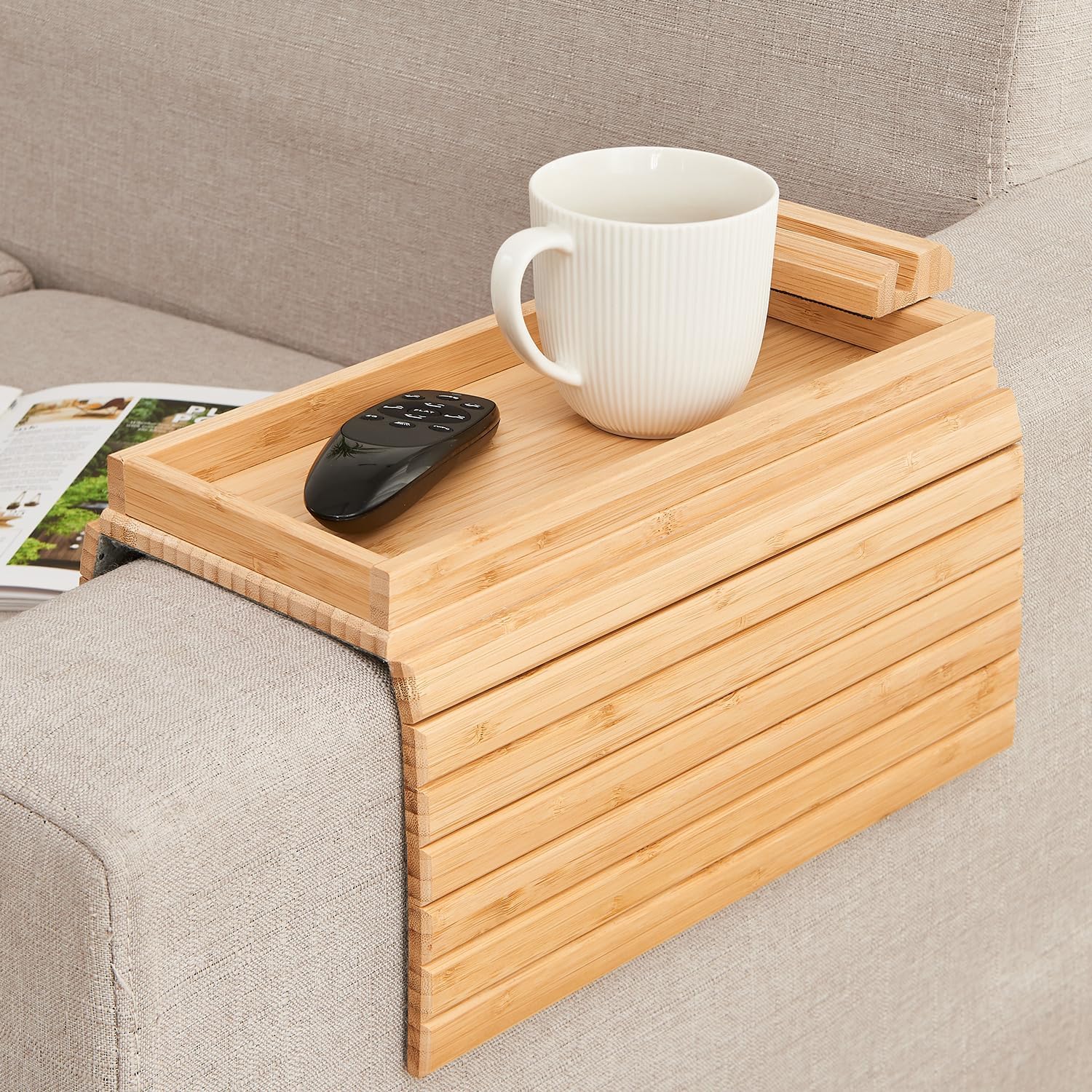 Bamboo Sofa Arm Tray, Couch Arm Tray with 360° Rotating Phone Holder, Foldable Sofa Armrest Tray Clip on Side Table Tray